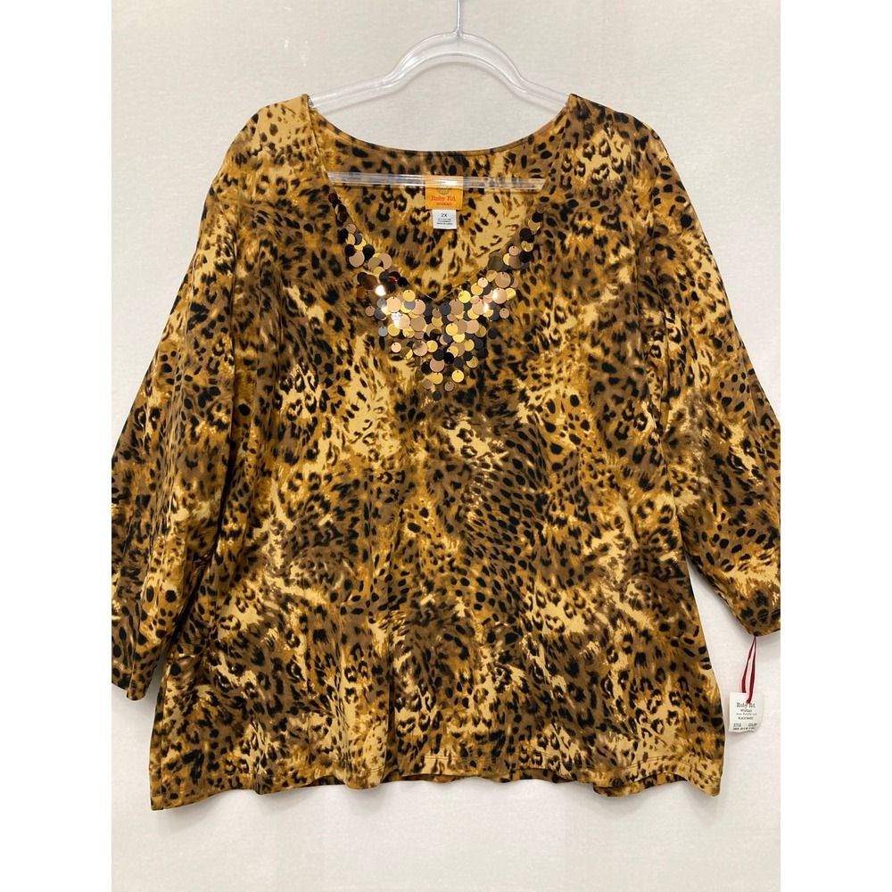 NWT Ruby Rd Top 2X Leopard Animal Print Sequin V-Neck 3/4 Sleeve‎ Evening